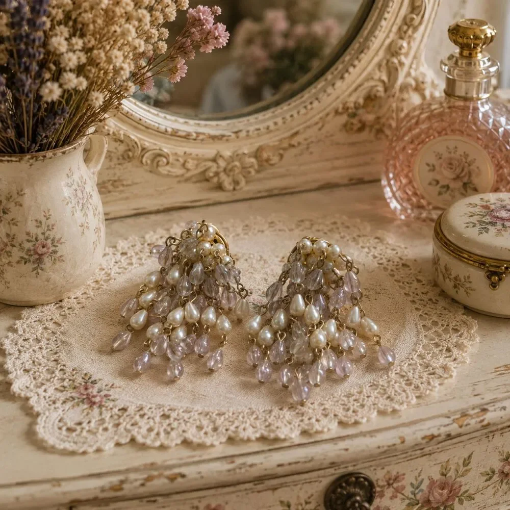 Vintage Faux Pearl Pink Bead Cascade Clip On Earrings, Cottagecore Jewelry